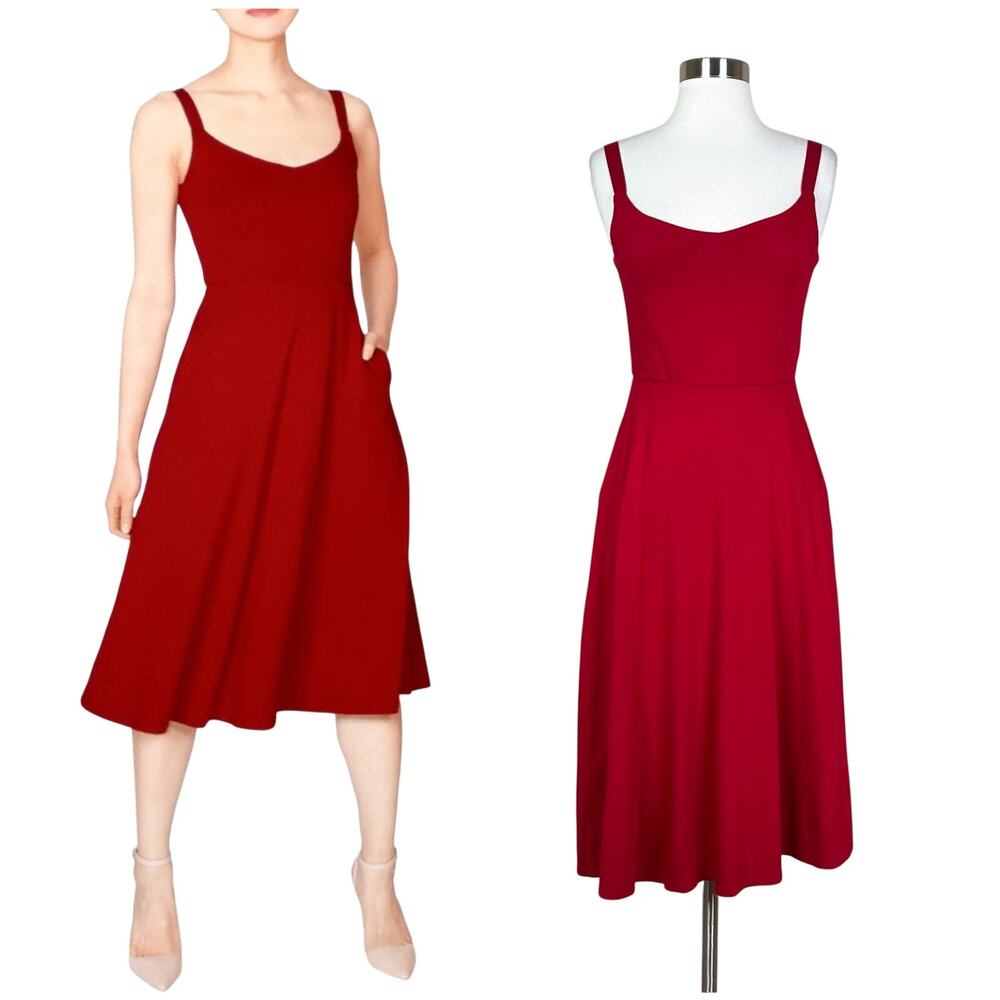 Cobalt District | Red Fit Flare Sleeveless Scoop Neck Simple Pocket Midi Dress M